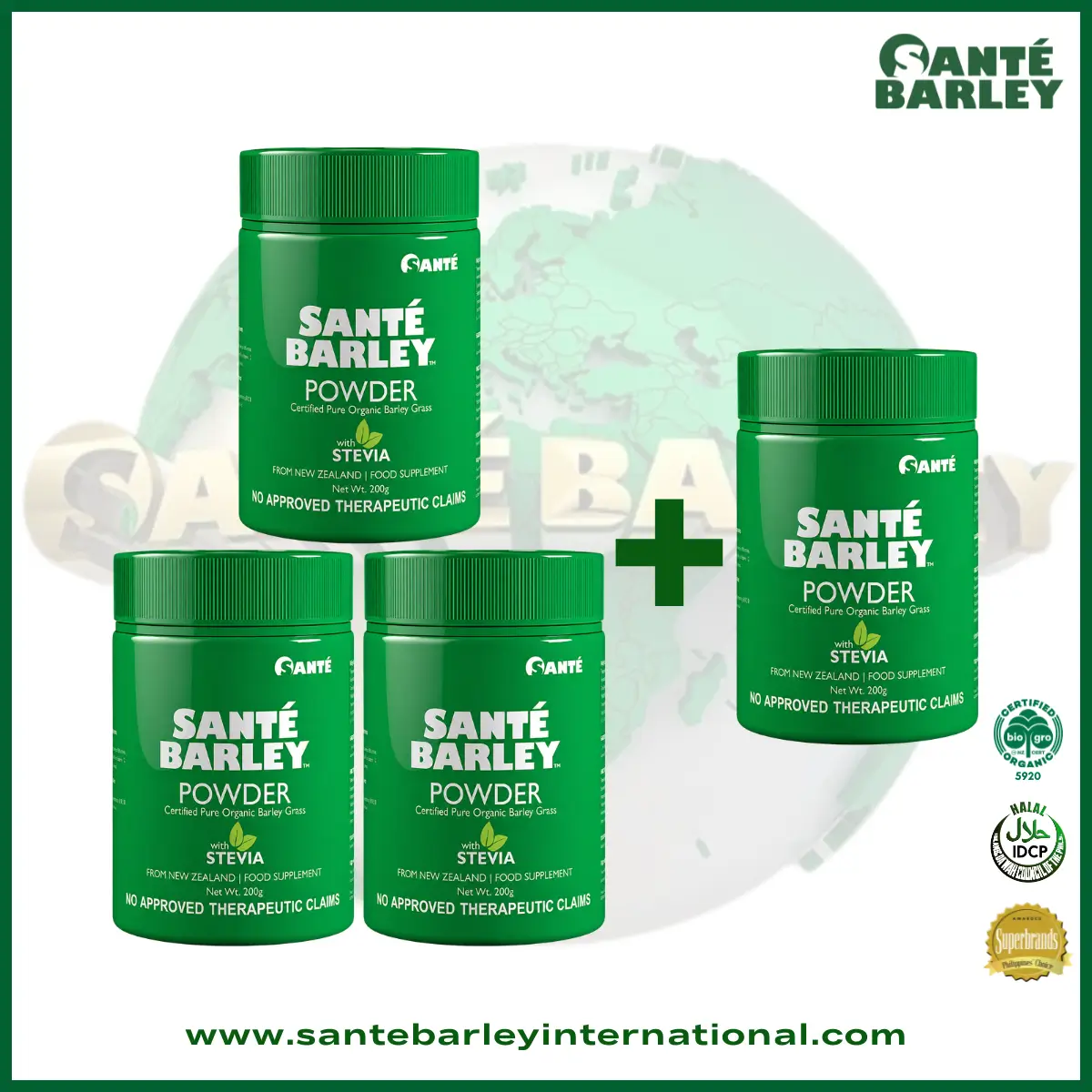 Santé Barley Organic Powder Canister With Stevia 3+1 Buy 3 Get 1 Free Promo Package