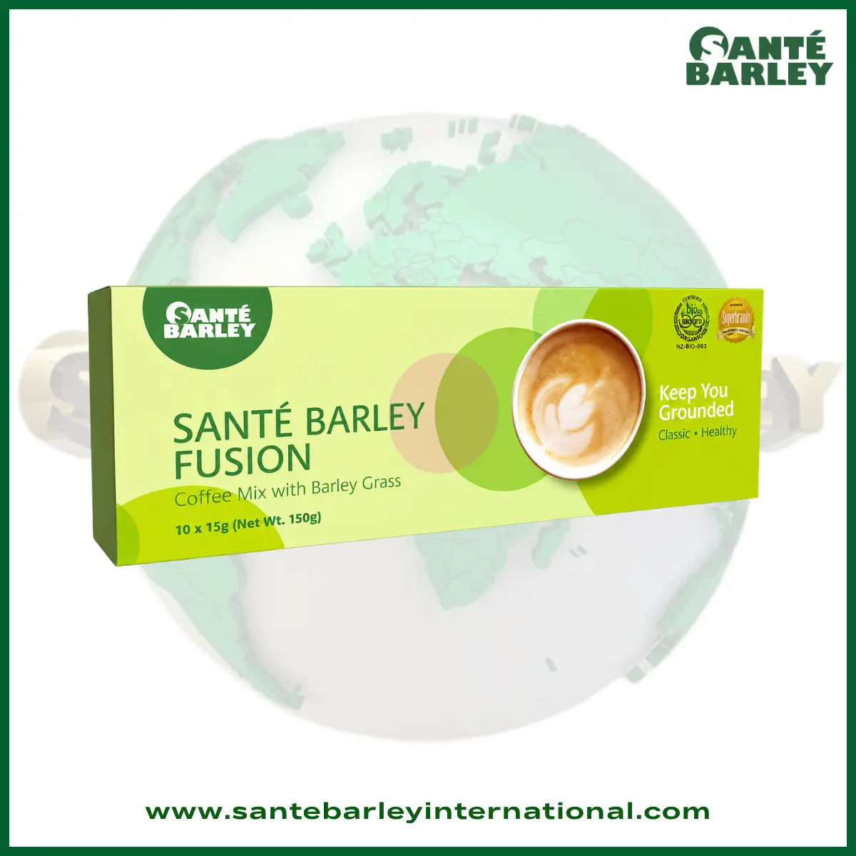 Santé Barley Coffee made with premium coffee and organic barley grass for a smooth and satisfying beverage.