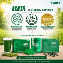 Sante Barley internationally recognized with BioGro New Zealand Organic Certification, Halal Certification, and Superbrands Award recognition