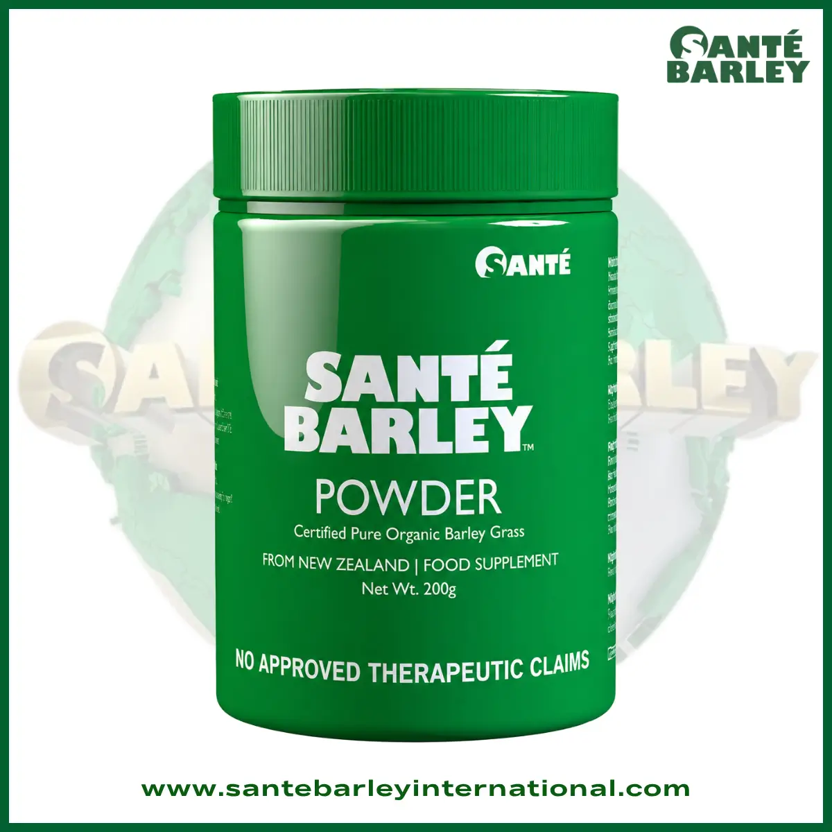 Santé Barley Organic Barley Grass Powder Canister Without Stevia made from 100% organic young barley grass grown in New Zealand.