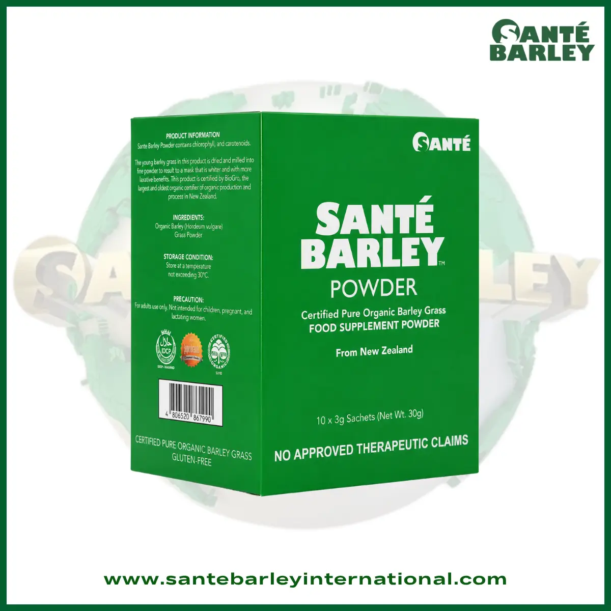 Santé Barley Organic Barley Grass Powder with Stevia in 10 sachets made from premium organic young barley grass from New Zealand.