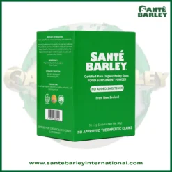 Santé Barley Organic Barley Grass Powder Without Stevia in 10 sachets made from organic young barley grass grown in New Zealand.