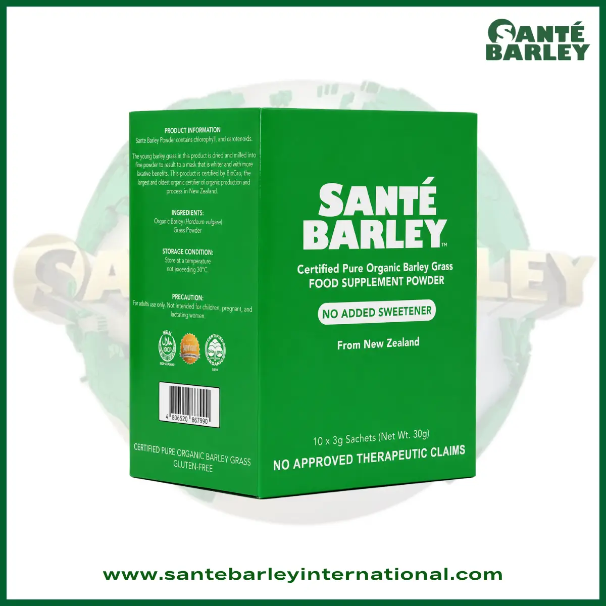 Santé Barley Organic Barley Grass Powder Without Stevia in 10 sachets made from organic young barley grass grown in New Zealand.