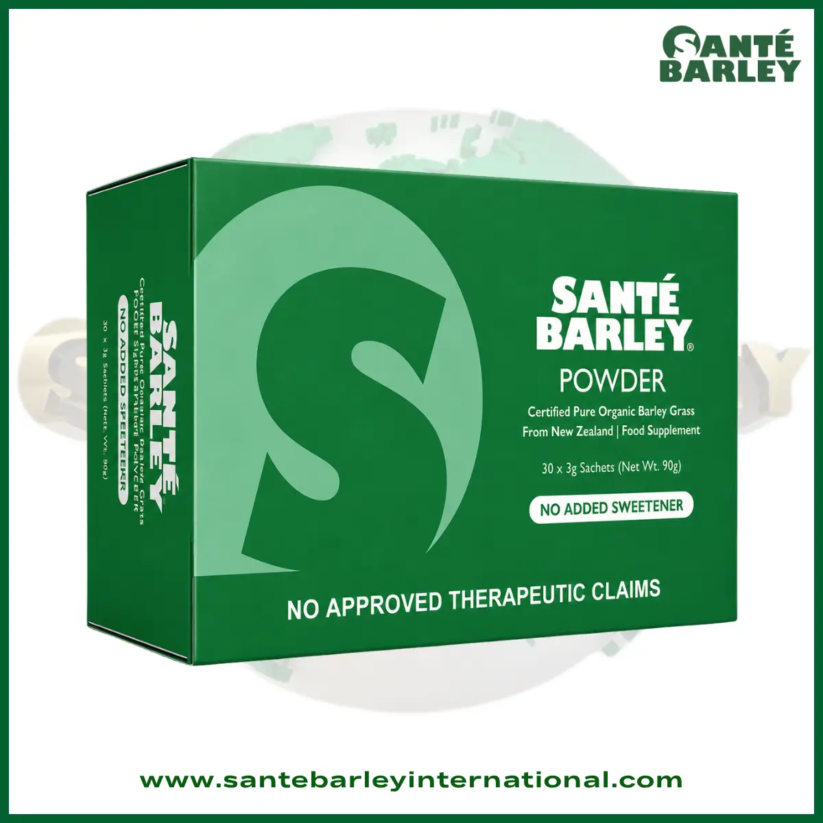 Santé Barley Organic Barley Grass Powder Without Stevia 30 sachets made from 100% organic young barley grass grown in New Zealand.