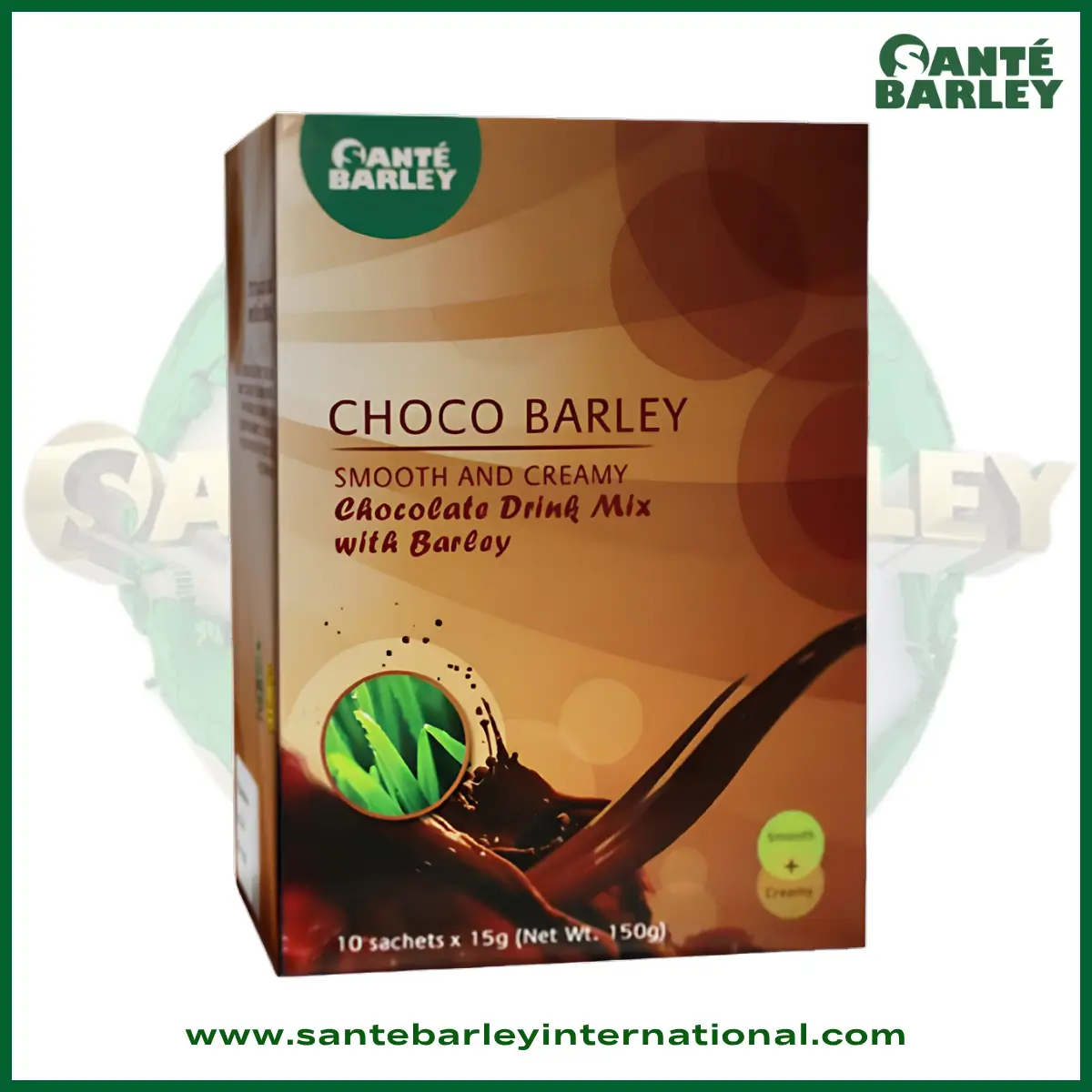 Santé Choco Barley chocolate beverage with organic barley grass for a rich and delicious drink.