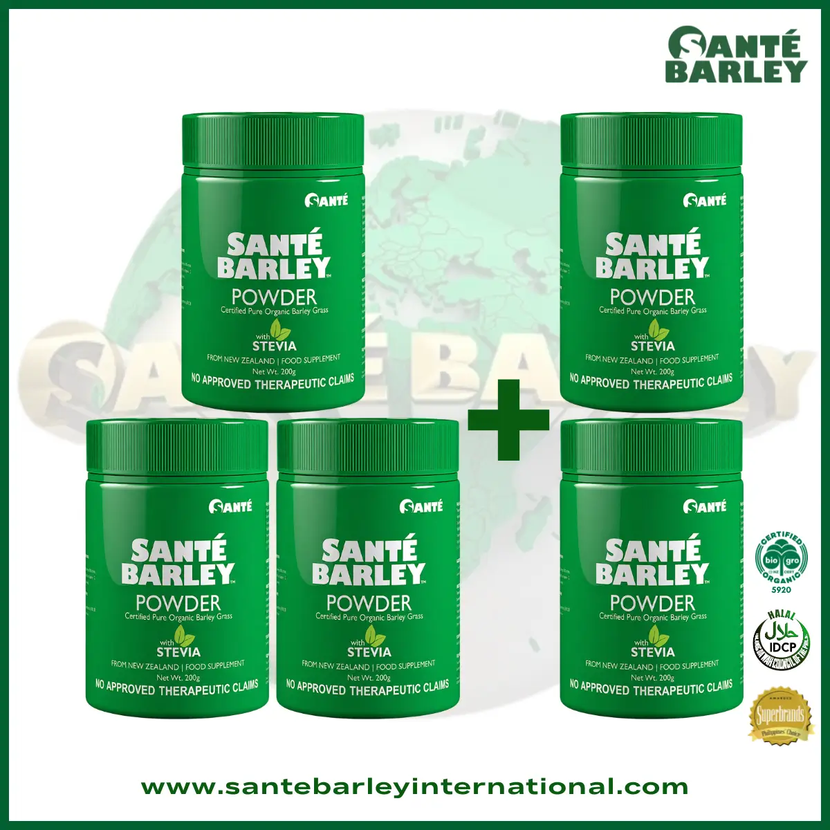 Santé Barley Juice Powder WITH Stevia, Canister (200g)(3+2 PROMO)