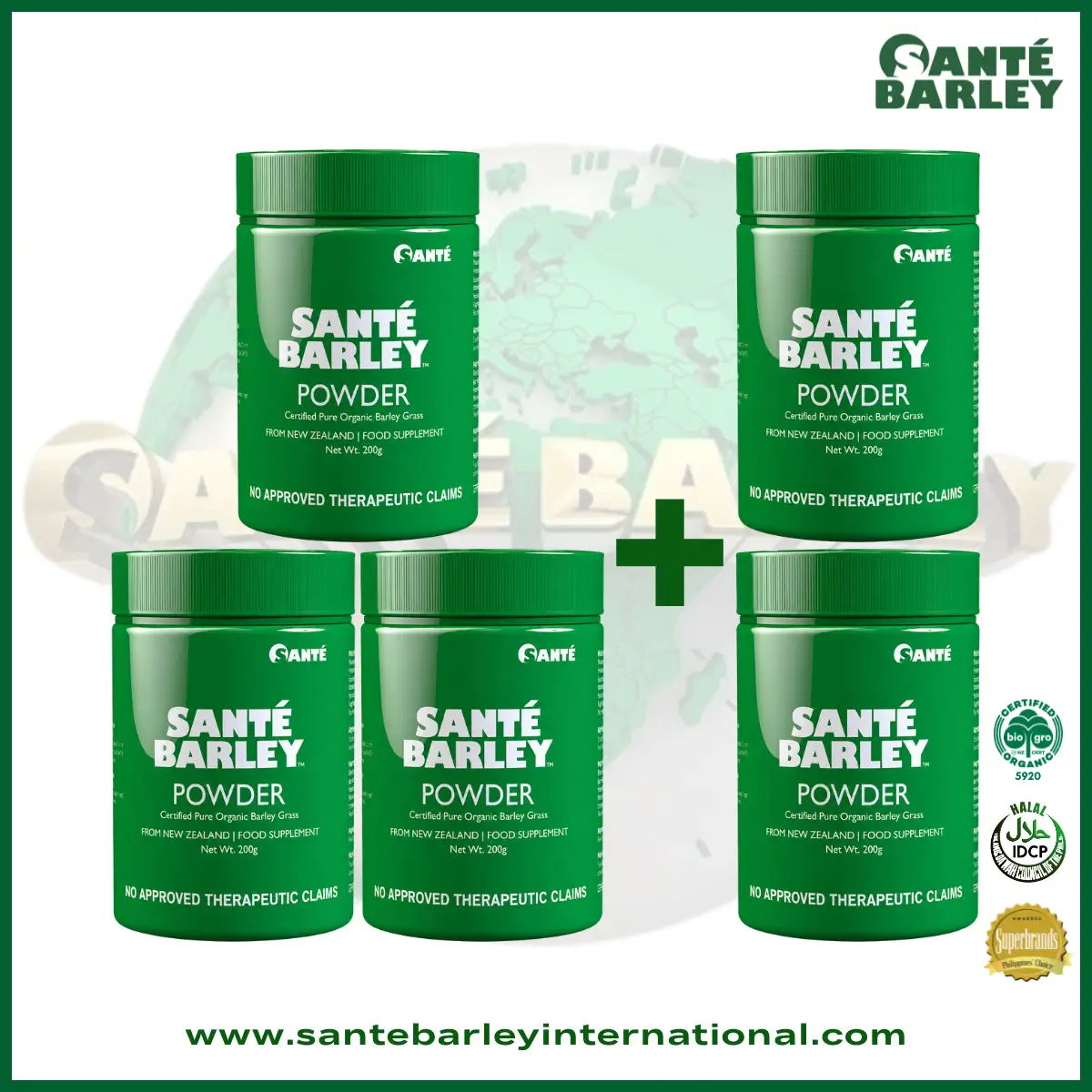 Santé Barley Organic Powder Canister Without Stevia 3+2 Buy 3 Get 2 Free Promo Package