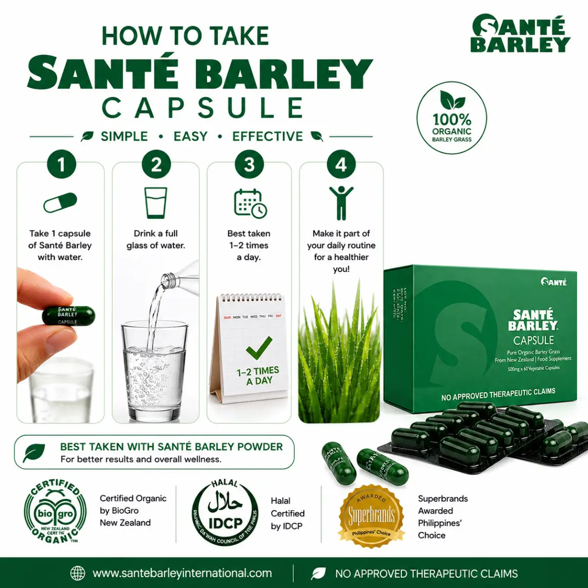 How to take Sante Barley Capsules with the recommended daily dosage and water