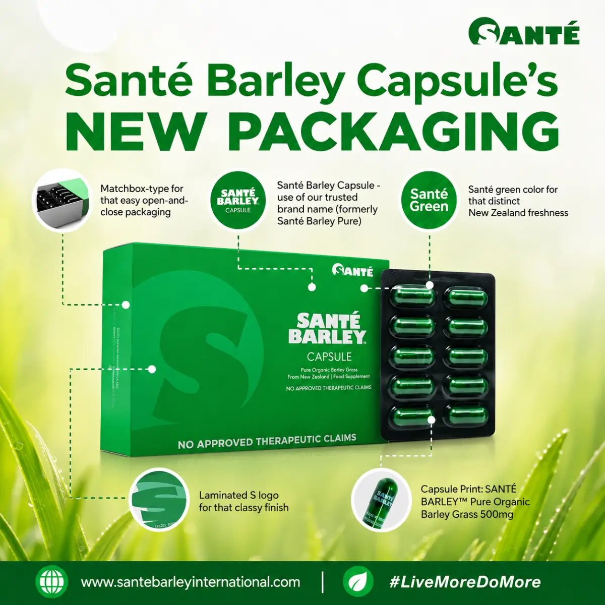 Sante Barley Capsules new packaging featuring premium barley grass supplement in convenient capsule form