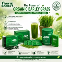 Santé Barley fiber infographic featuring organic barley grass powder and capsule products, BioGro Certified Organic seal, green barley drink, and information about fiber in a balanced diet.