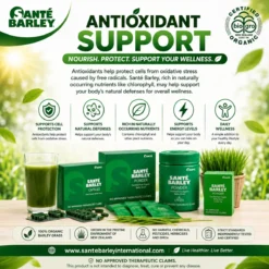 Santé Barley organic barley grass powder and capsule products with BioGro Certified Organic seal, fiber infographic, green barley drink, and daily wellness lifestyle presentation.