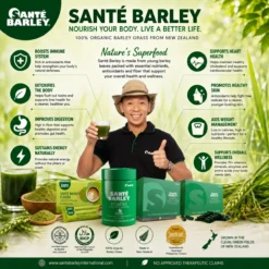 Sante Barley health benefits including antioxidant support, healthy digestion, natural energy, immune support, and daily nutrition from organic barley grass