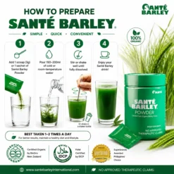 How to prepare Sante Barley Powder by mixing one sachet in a glass of water for a nutritious barley grass drink