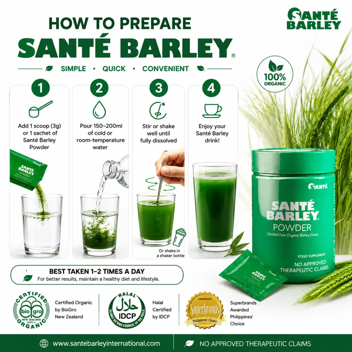 How to prepare Sante Barley Powder by mixing one sachet in a glass of water for a nutritious barley grass drink