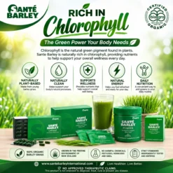Santé Barley Pure Organic Barley Grass products with fiber infographic, BioGro Certified Organic logo, green barley drink, and New Zealand barley grass wellness lifestyle image.