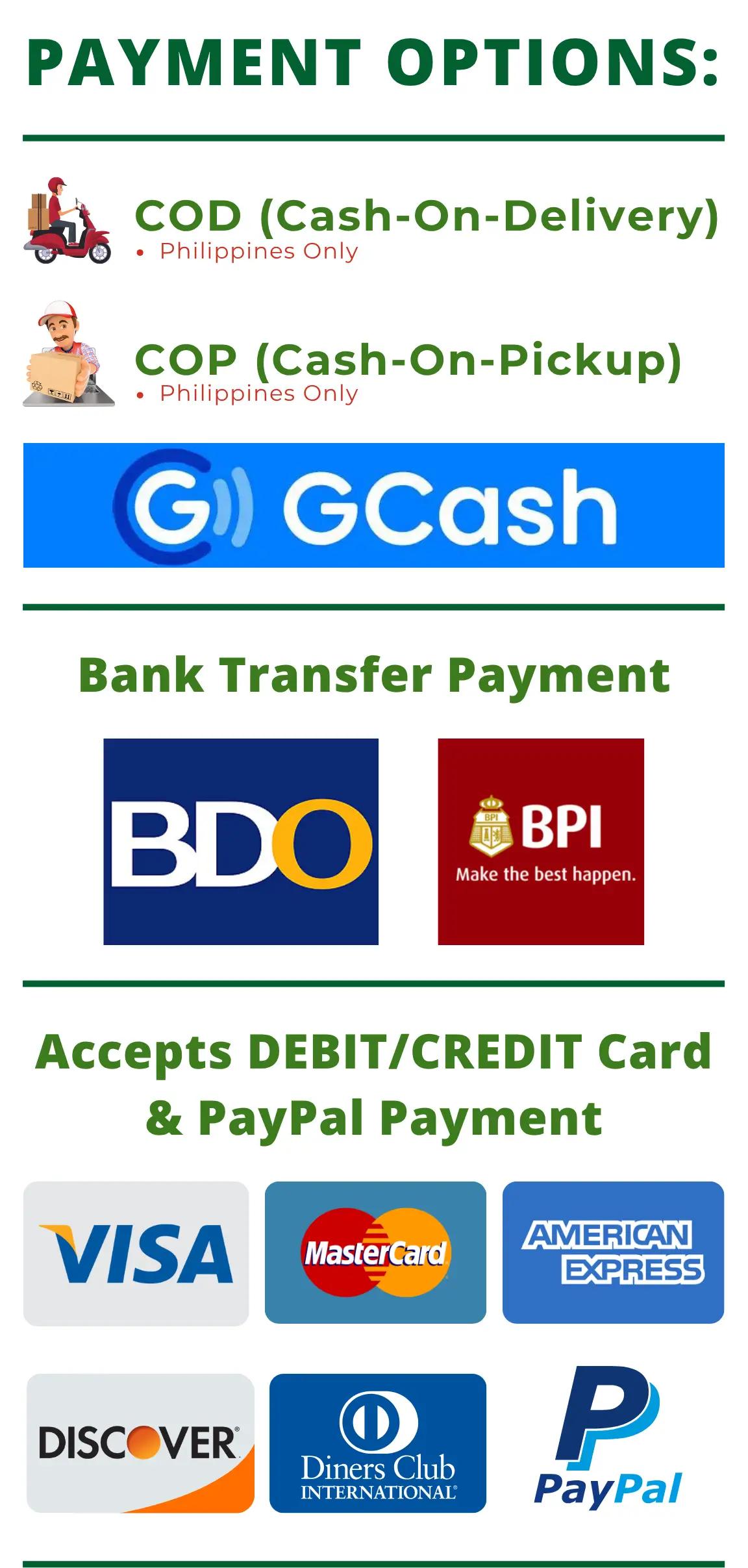 Sante Barley payment options including Cash on Delivery, Cash on Pickup, Credit Card, Debit Card, PayPal, GCash, BDO Bank Transfer, and BPI Bank Transfer for local and international orders